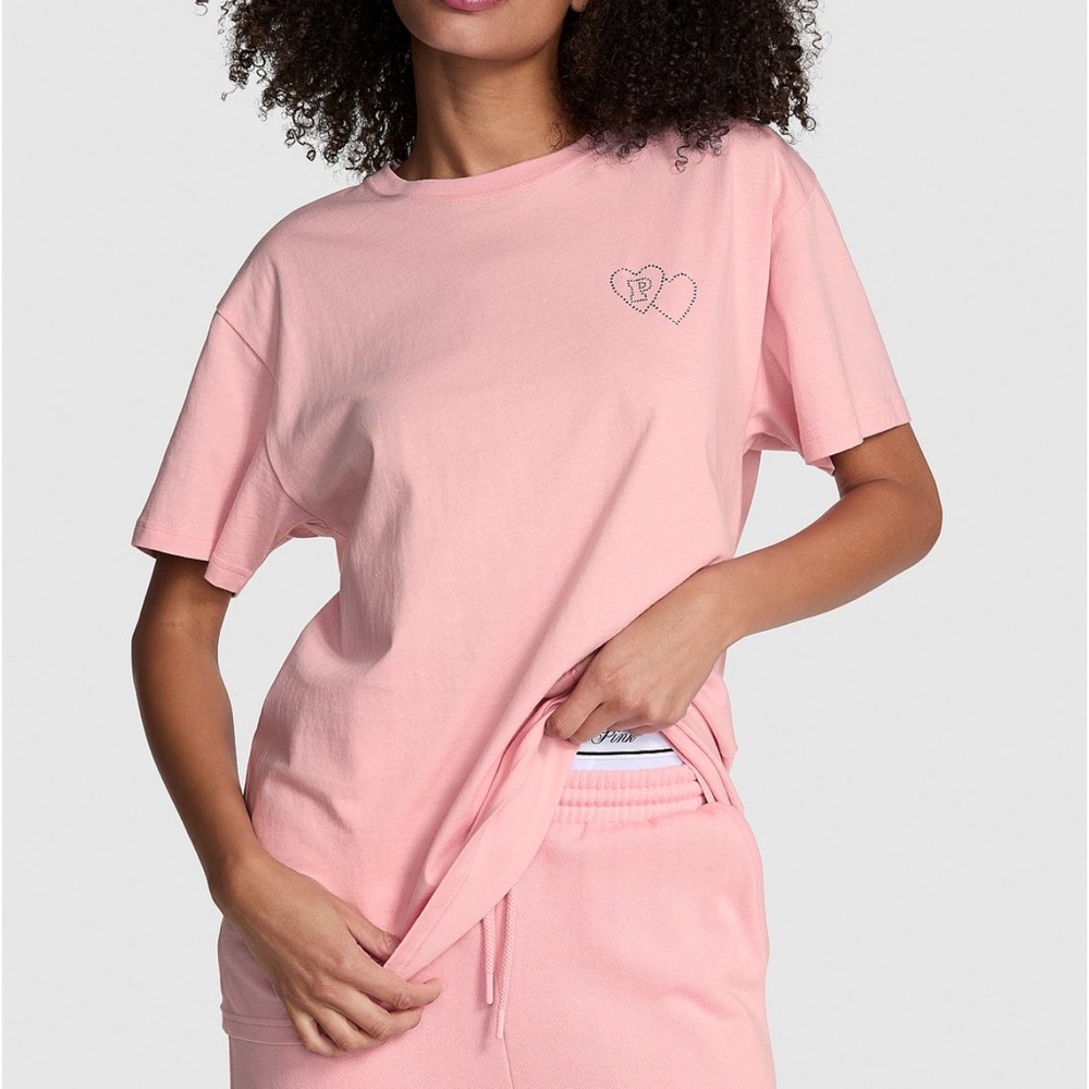 PINK / Victoria’s Secret Valentines Day Campus Cotton Tee Size:Medium BLING**** - Picture 1 of 6